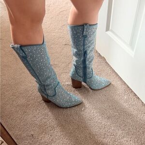 Blue Rhinestone Knee-High Boots